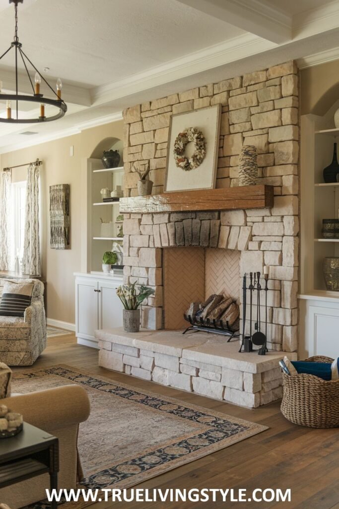 A stone fireplace with a wooden mantel and built-in shelves.