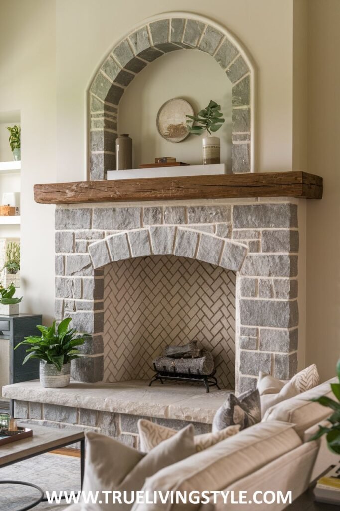 A stone fireplace with an arched opening and a wooden mantel.