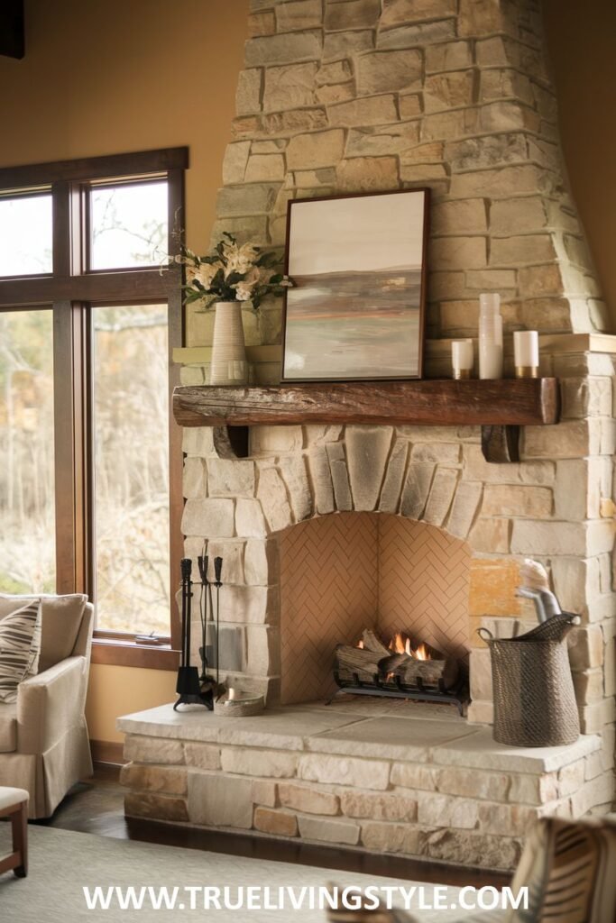 A stone fireplace with a wooden mantel and visible fire.