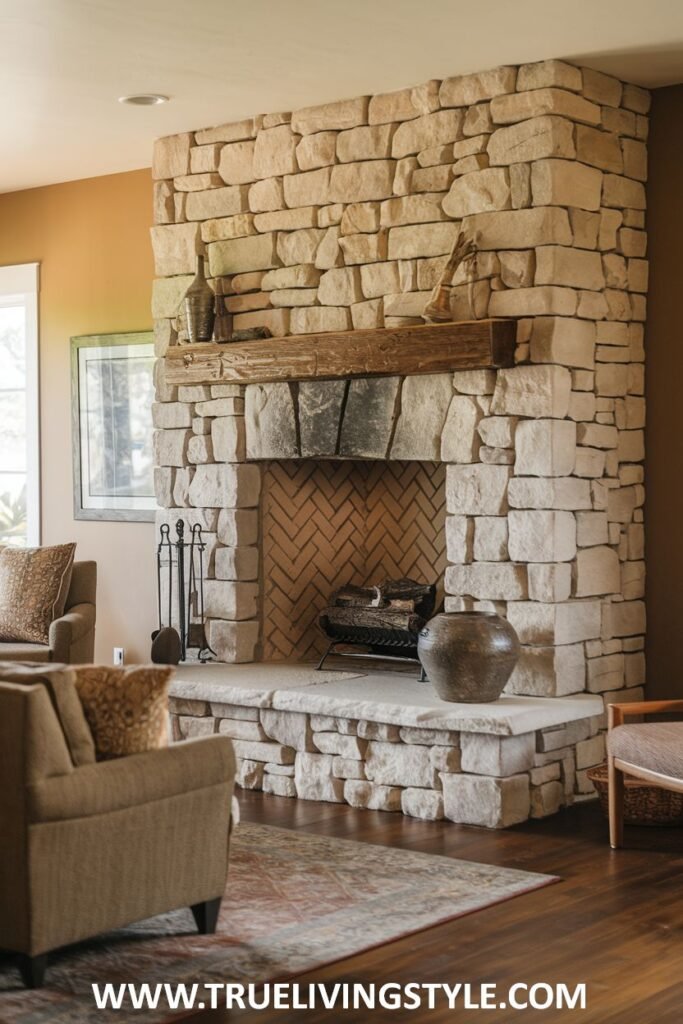 A stone fireplace with a wooden mantel and various decorative items.