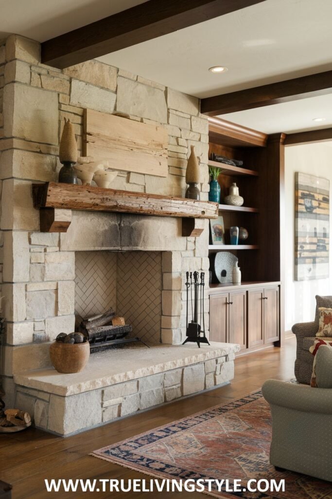 A stone fireplace with a wooden mantel and built-in shelves.