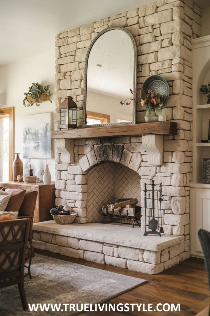 A stone fireplace with a wooden mantel and a mirror above.