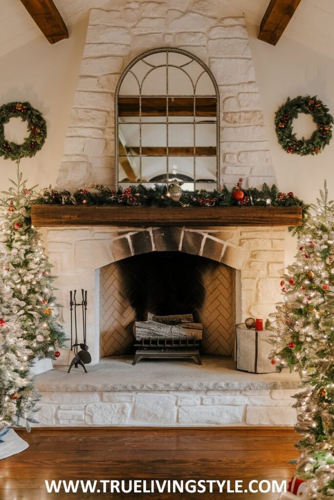 A stone fireplace decorated for the holidays with trees and wreaths.