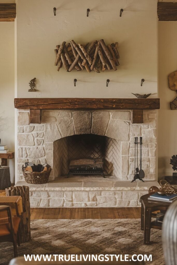 A stone fireplace with a wooden mantel and a unique wall decoration.