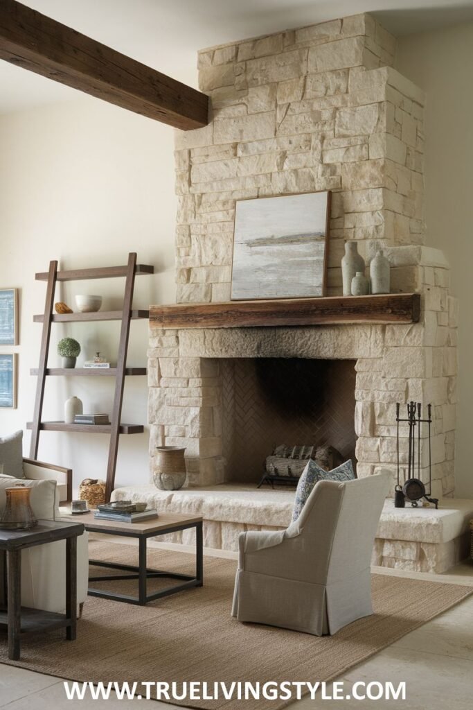 A stone fireplace with a wooden mantel and a ladder shelf.