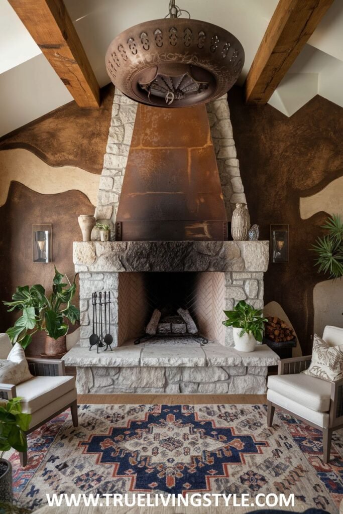 A stone fireplace with a metal hood, flanked by plants and chairs.