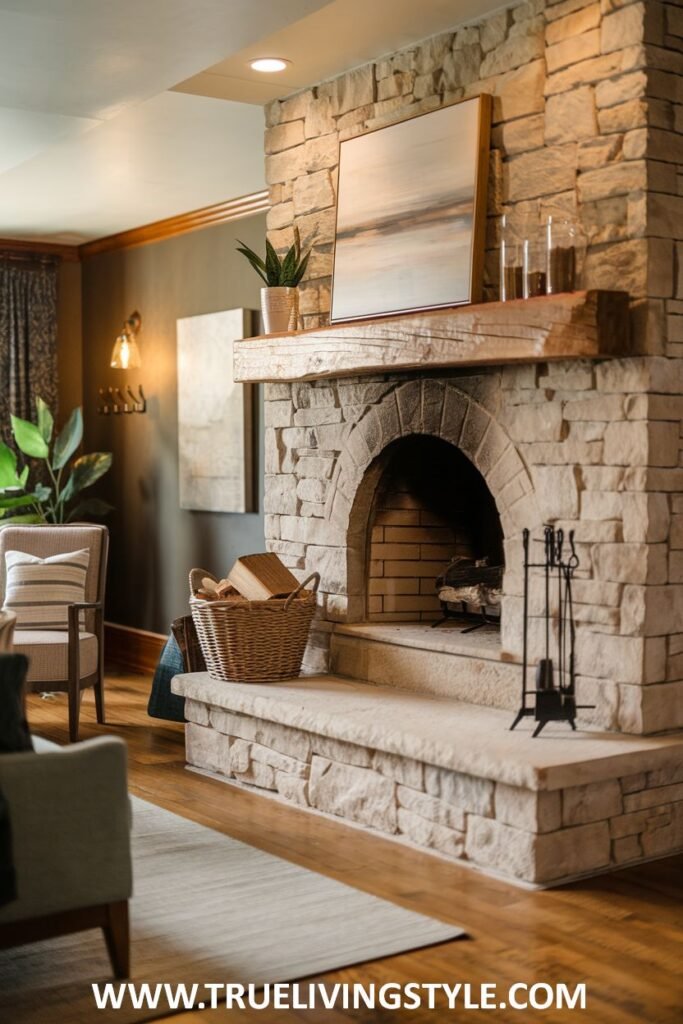 A stone fireplace with a wooden mantel and a basket of logs.