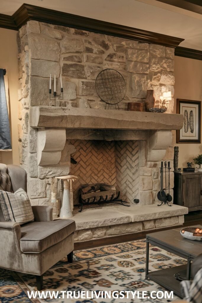 A stone fireplace with a decorative mantel and flanking furniture.