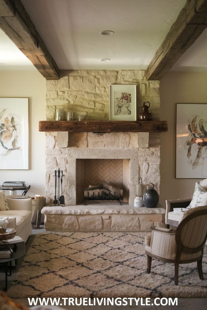 A stone fireplace with a wooden mantel and artwork on the wall.