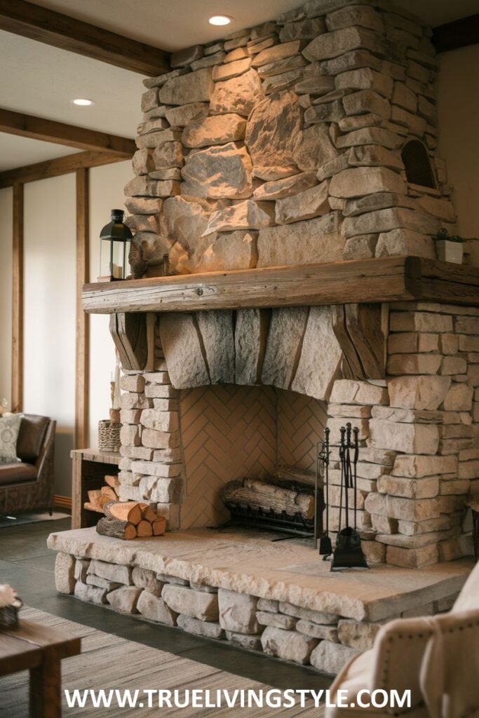 A stone fireplace with a wooden mantel and a niche for wood storage.