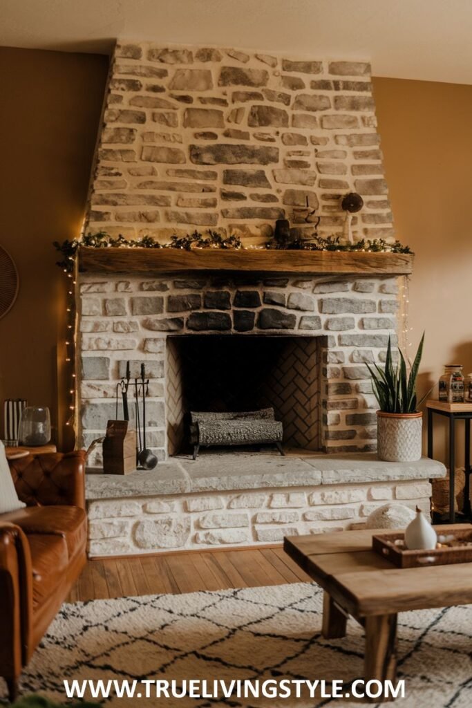 A stone fireplace with a decorated mantel and string lights.