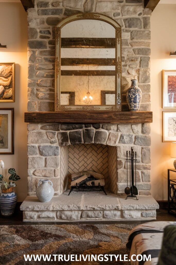 A stone fireplace with a decorated mantel and flanking artwork.