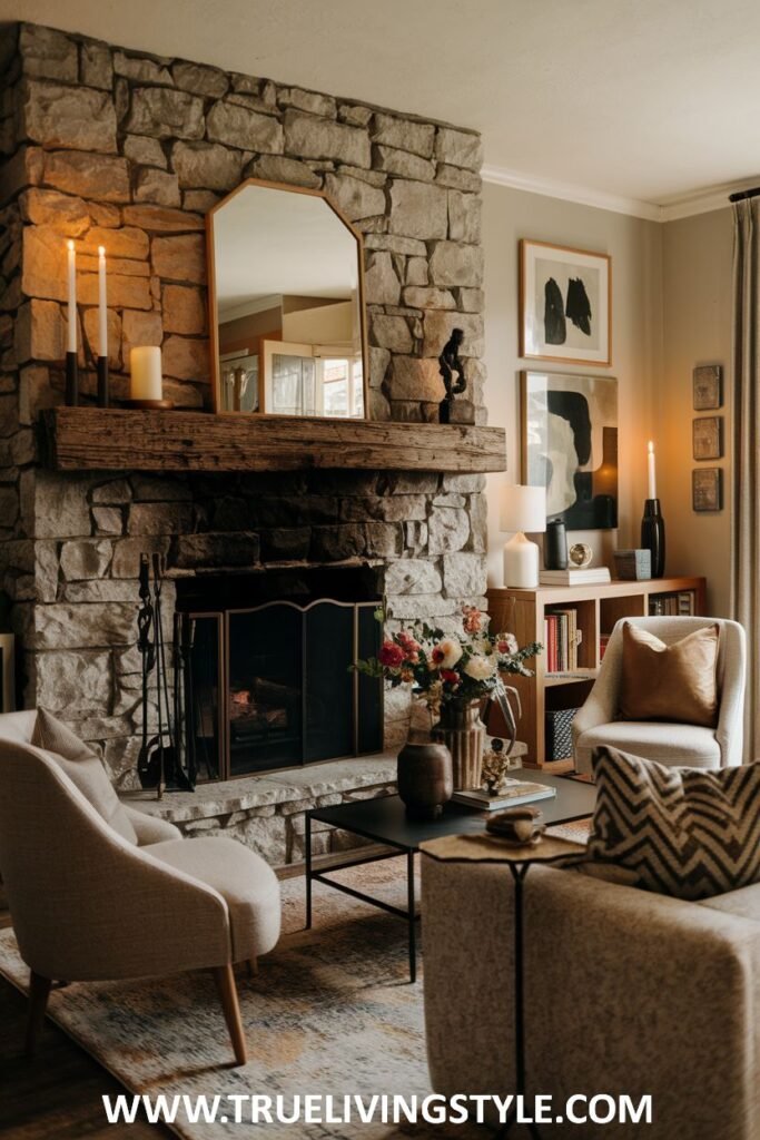 A stone fireplace with a wooden mantel and surrounding furniture.