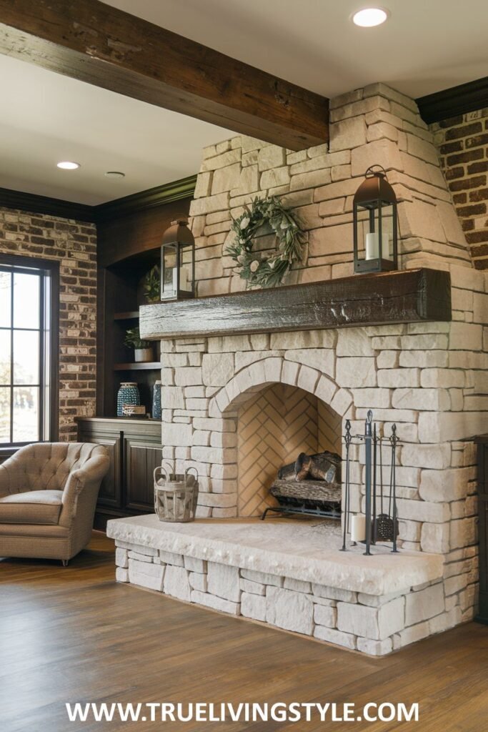 A stone fireplace with a wooden mantel and lanterns.