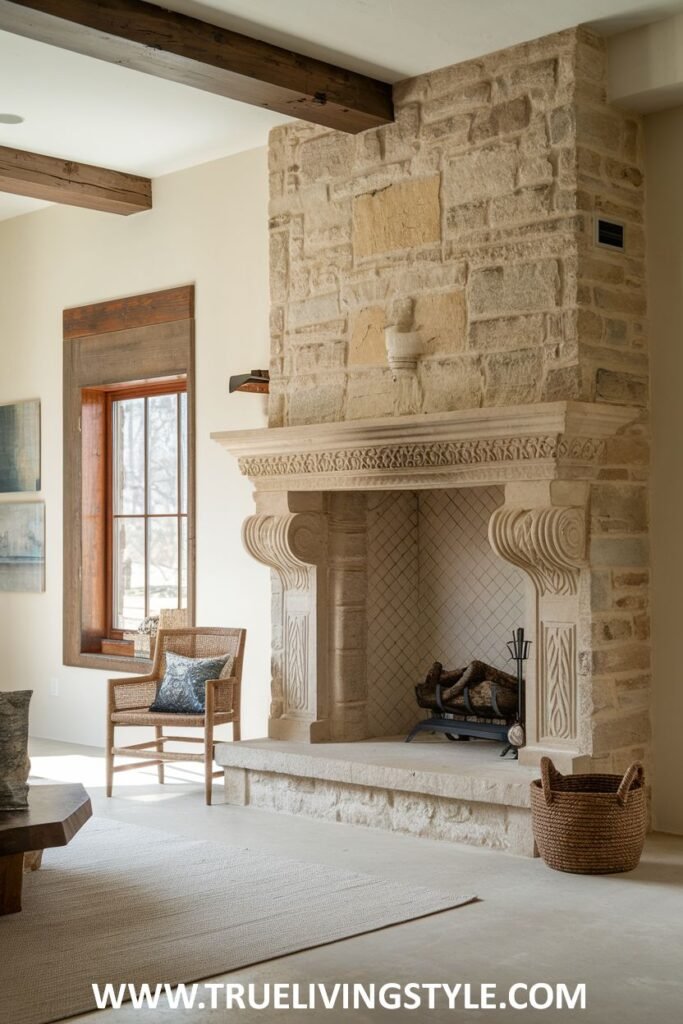 An elegant stone fireplace with corbels and decorative elements.