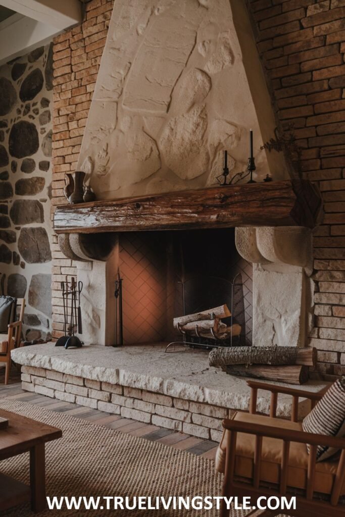 A stone fireplace with a contrasting brick interior and wooden accents.