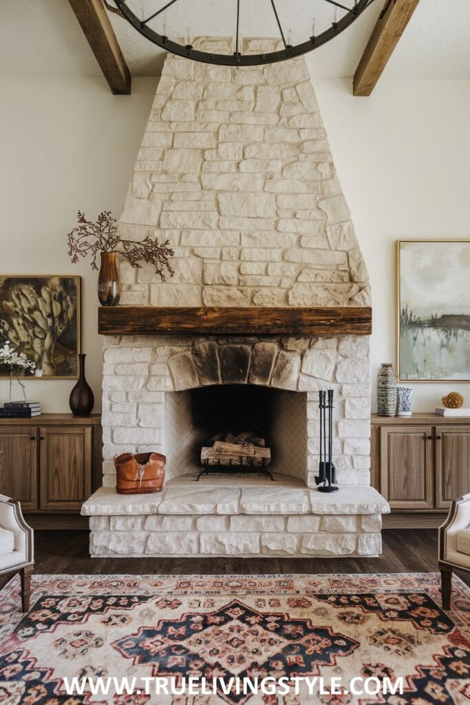 A stone fireplace with a wooden mantel and artwork on either side.