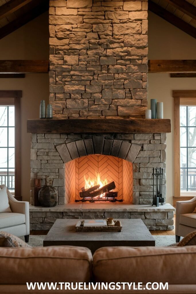 A stone fireplace with a wooden mantel and visible fire.