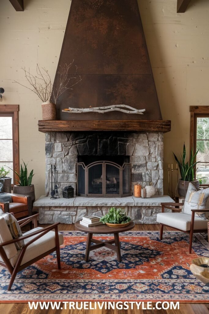 A stone fireplace with a metal hood and various decorations.