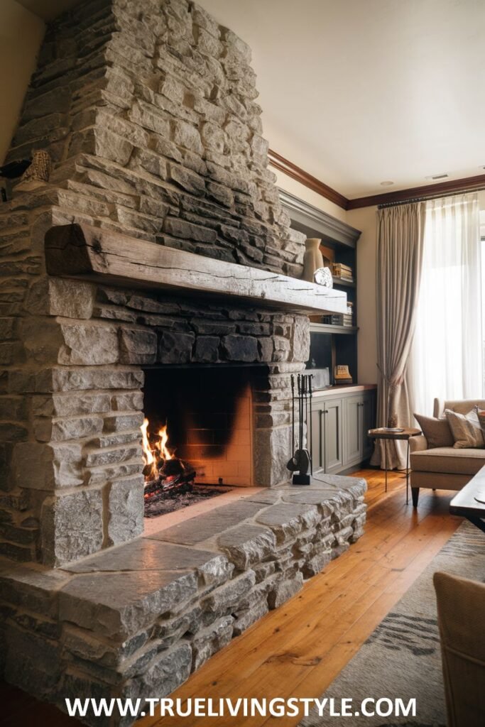 A stone fireplace with a thick stone base and a visible fire.