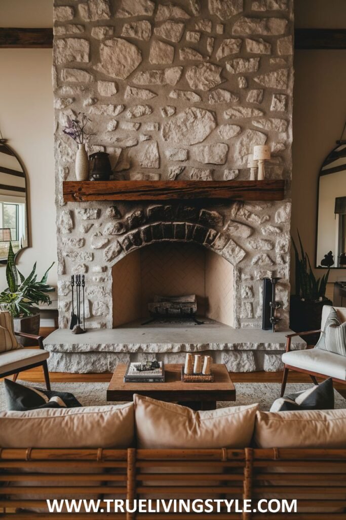 A stone fireplace with a wooden mantel and decorative items.