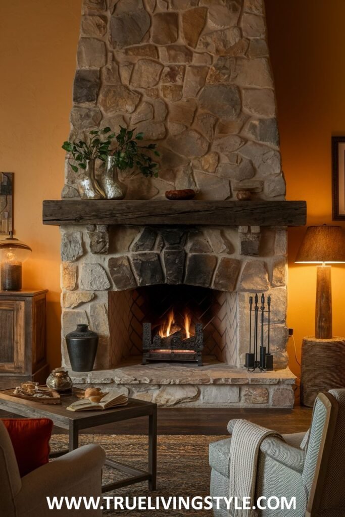 A stone fireplace with a wooden mantel and accessories.