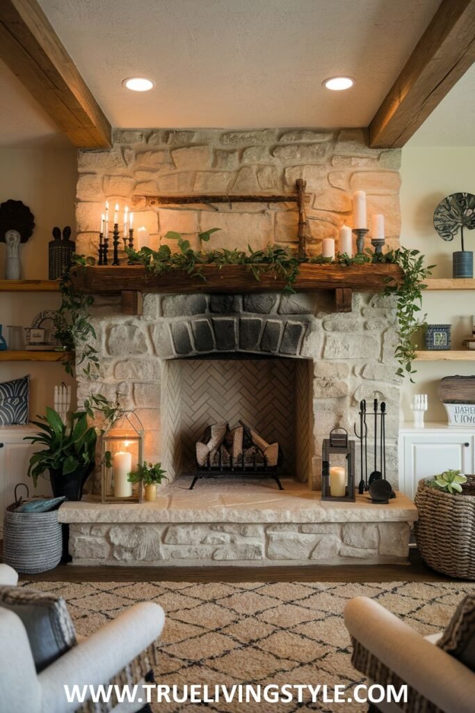 A stone fireplace with a decorated mantel and flanking shelves.