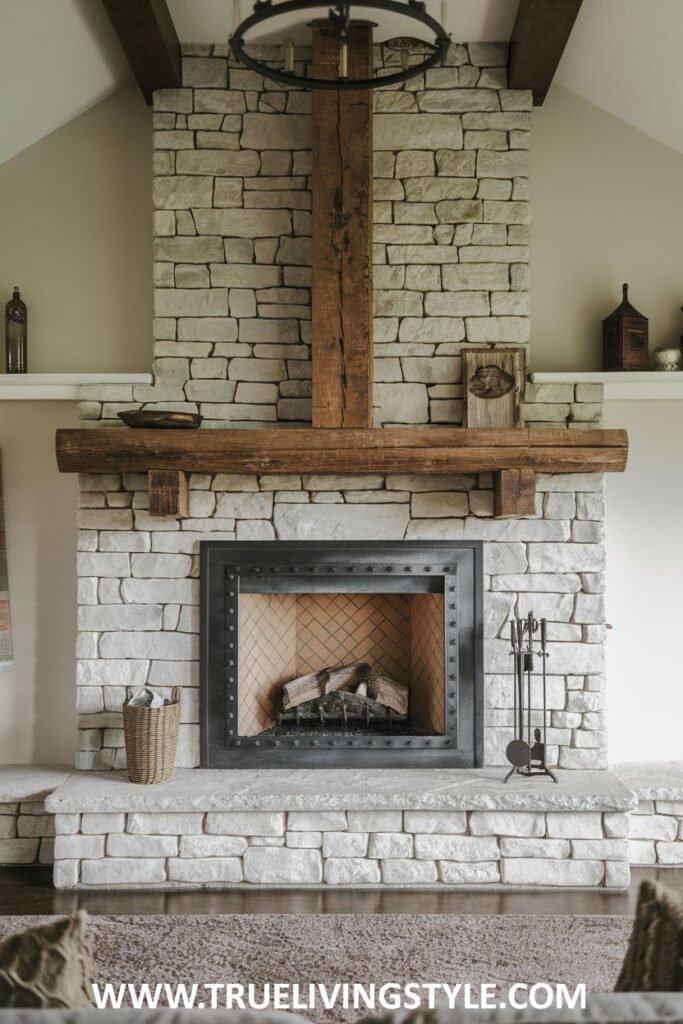 A stone fireplace with a wooden beam and a metal-framed firebox.