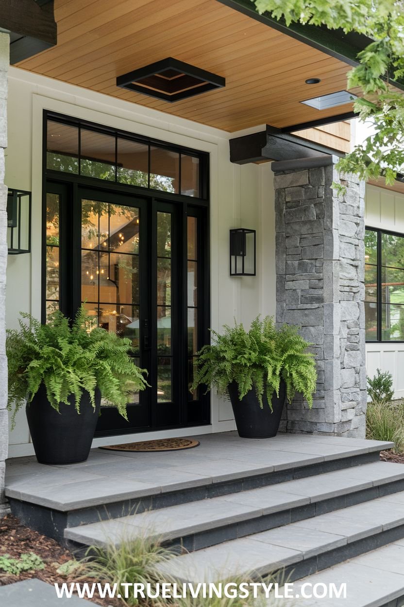 A sleek entrance with modern planters and ferns.