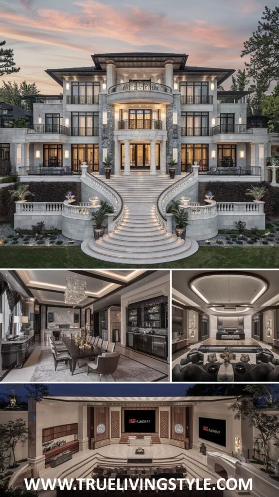 Composite image featuring an exterior view of a large, symmetrical mansion with a grand staircase, and interior views of a formal dining room, a bar area, a home theater, and an event space. This showcases the grandeur and amenities of a luxurious mansion.