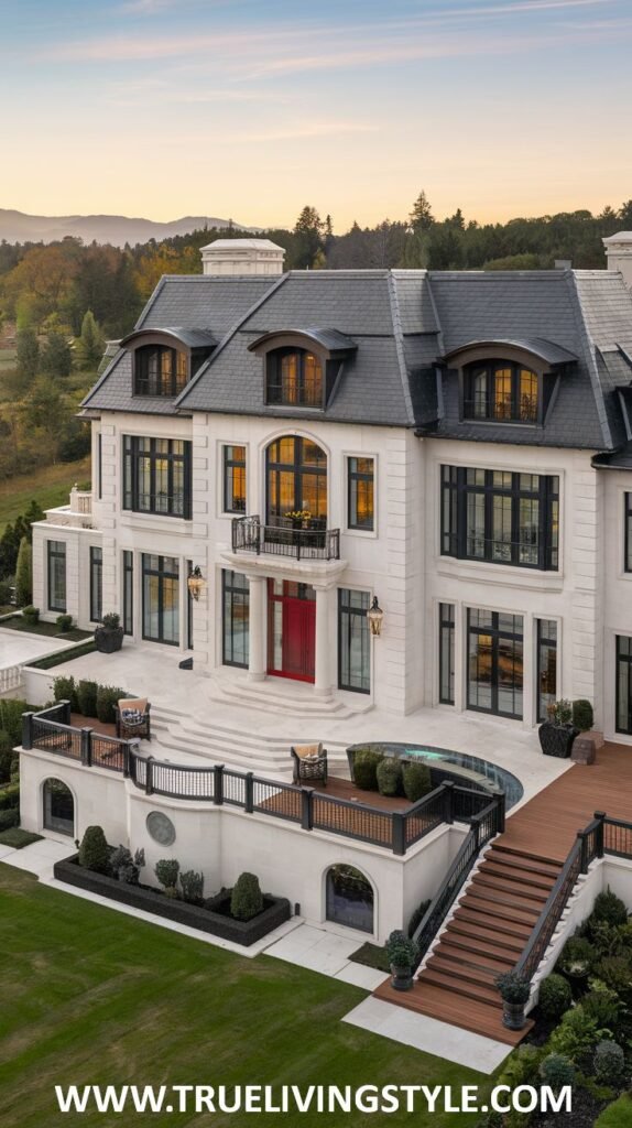 Exterior view of a stately white mansion with a dark roof and multiple dormer windows, a prominent red front door, stone terraces, and manicured landscaping. This impressive residence is a classic example of a grand mansion.