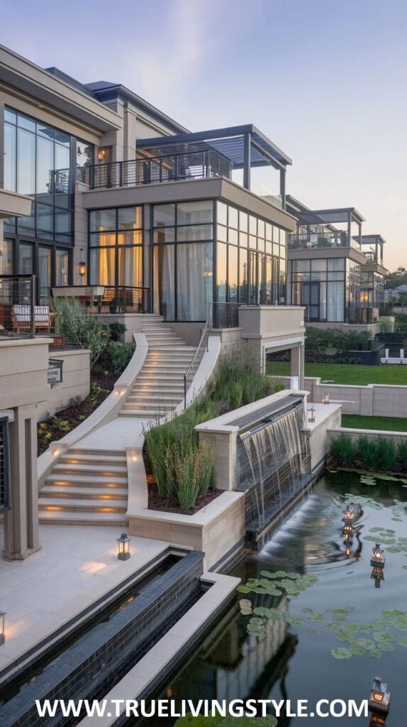 Side view of a modern mansion with large glass windows and multiple balconies, featuring a cascading water feature flowing into a pond with lily pads, and stone pathways with lanterns. The architectural design and water features highlight this elegant mansion.