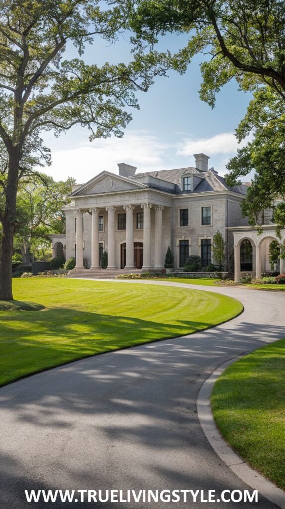 Front view of a neoclassical-style mansion with large white columns, a circular driveway, and extensive green lawns surrounded by mature trees under a blue sky. This majestic property is a distinguished mansion.