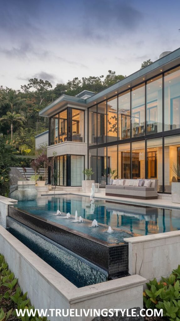 Rear view of a contemporary mansion with floor-to-ceiling glass walls, a large infinity pool with fountains, and an outdoor lounge area, situated amongst lush vegetation. The expansive glass and outdoor space characterize this modern mansion.