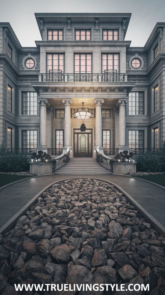 Front view of a formal, symmetrical mansion with stone columns, ornate balconies, a grand entrance with a chandelier visible through the doorway, and a stone-covered driveway. This imposing structure represents a substantial mansion.