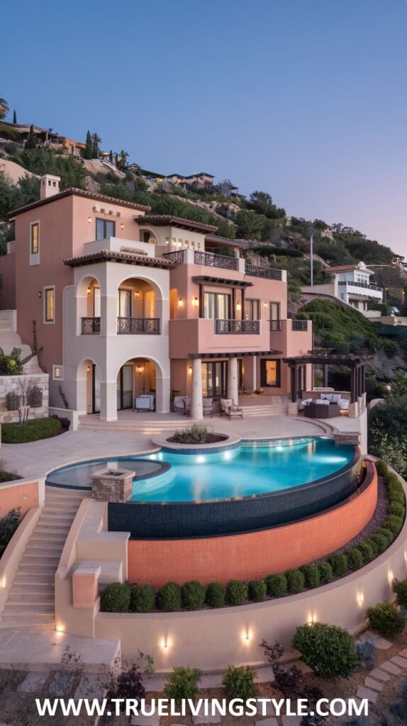 Multi-level Mediterranean-style mansion built on a hillside at dusk, featuring stucco walls, arched balconies, a curved infinity pool with a hot tub, and surrounding landscaping. This luxurious hillside estate is a beautiful mansion.