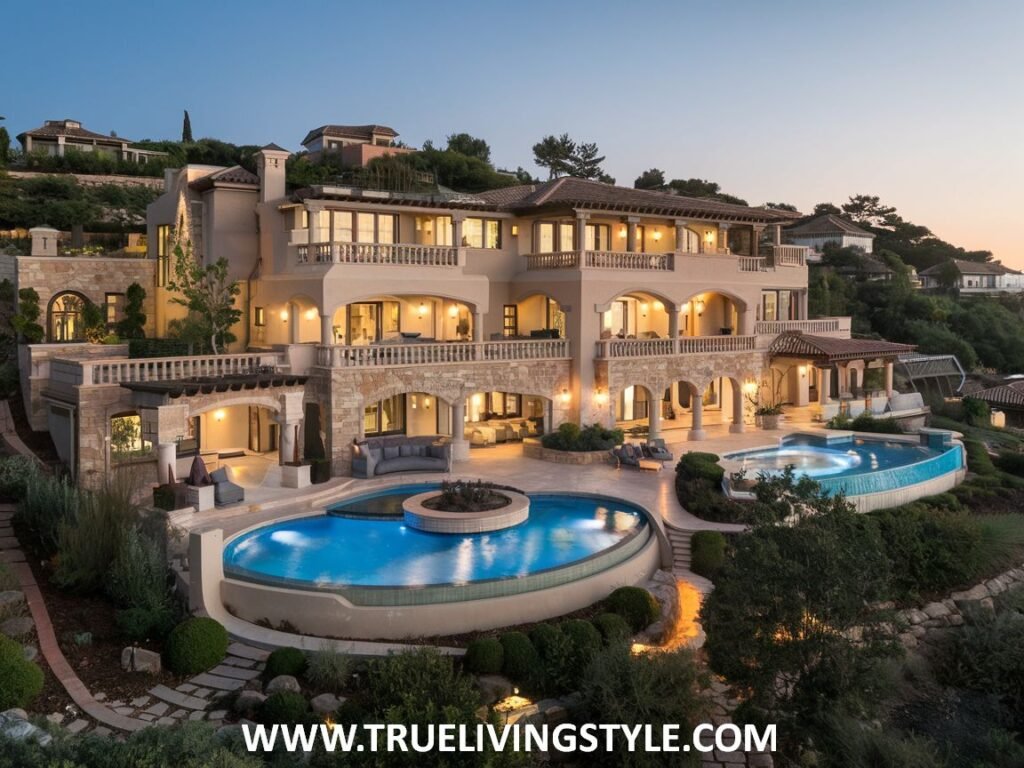 Evening view of a sprawling Mediterranean mansion complex on a hillside, with multiple buildings, numerous illuminated windows, several swimming pools including one with a fire pit feature, and extensive outdoor living spaces. This expansive property defines a lavish mansion.