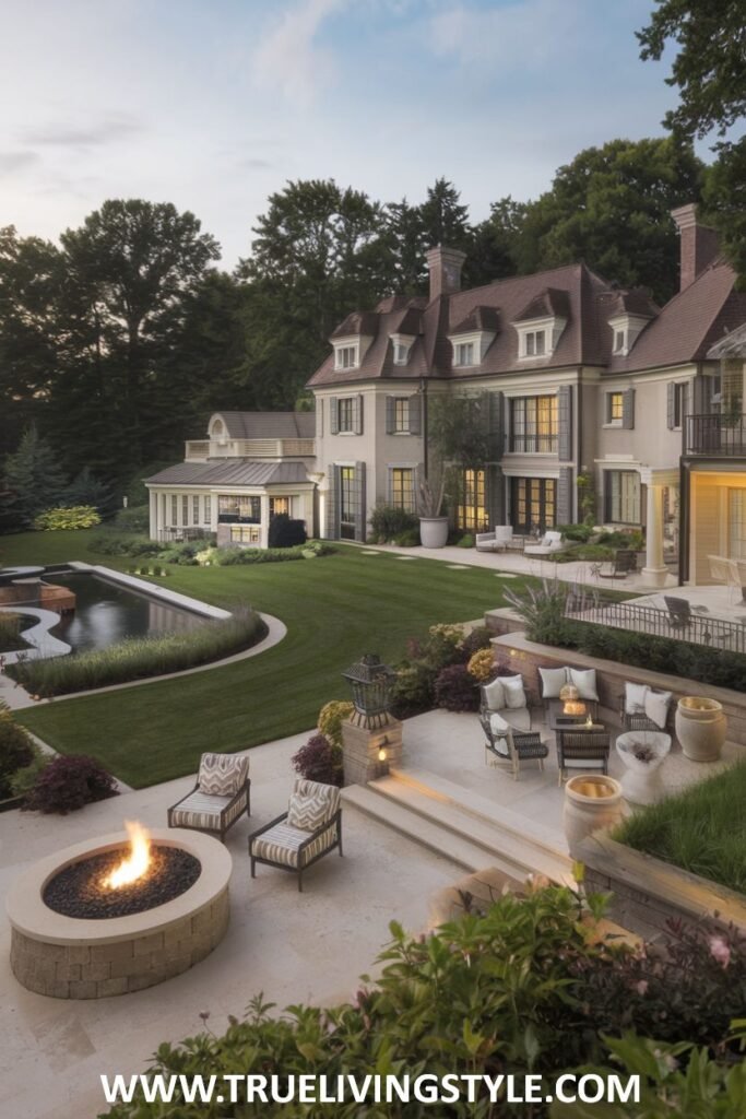 Rear view of a large traditional mansion with a light-colored exterior, a dark roof, and numerous windows, overlooking a vast lawn with a swimming pool, a pool house, and a stone patio with a fire pit and outdoor seating. This classic estate embodies a grand mansion.
