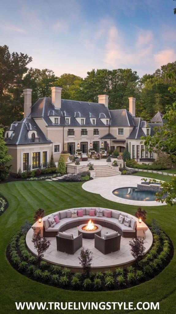 Rear aerial view of an elegant mansion with a light-colored exterior and a dark roof, featuring manicured gardens, a circular stone patio with a built-in fire pit and curved seating, and a swimming pool. The extensive landscaping and outdoor features enhance this refined mansion.