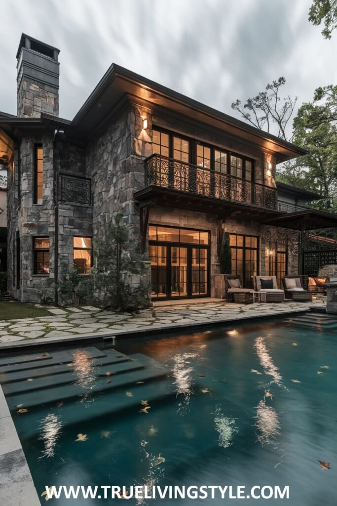 Evening view of a rustic-style mansion with stone and wood exterior, large windows, and an illuminated swimming pool with stepping stones. The natural materials and outdoor pool area define this impressive mansion.