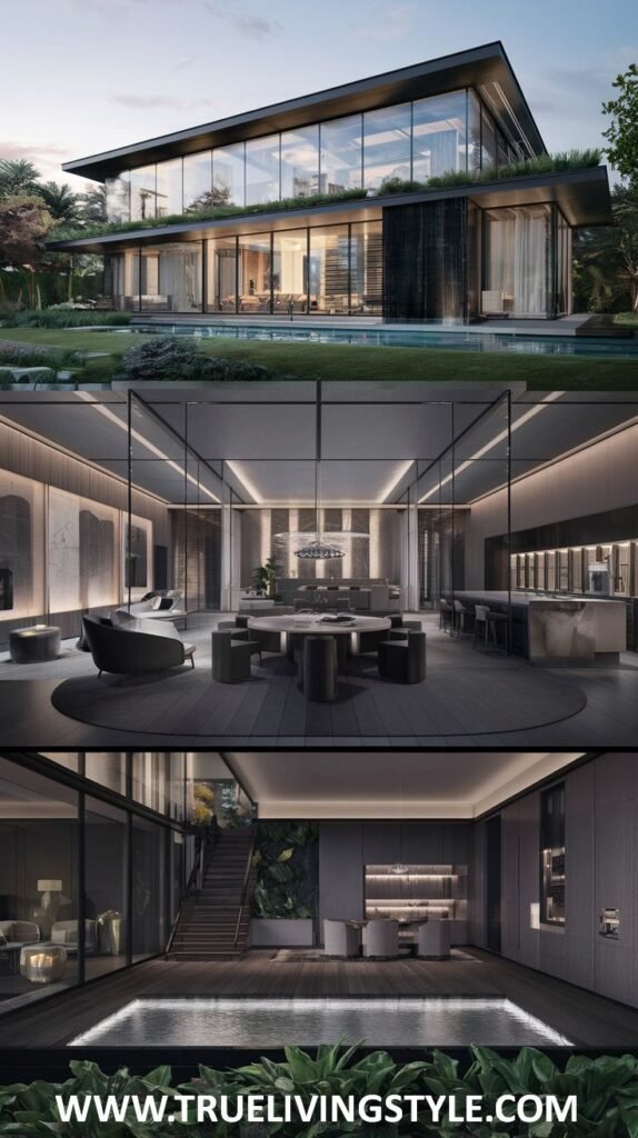 Composite image showing a modern mansion with expansive glass walls, a flat roof with vegetation, surrounding gardens, and interior views of a spacious open-plan living area and a staircase. The architectural style and open design define this contemporary mansion.