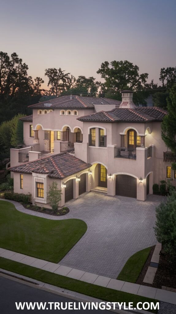 Evening view of a multi-story Mediterranean mansion with stucco walls, tiled roofs, arched doorways, and a circular driveway leading to multiple garages. This substantial residence is a notable mansion.