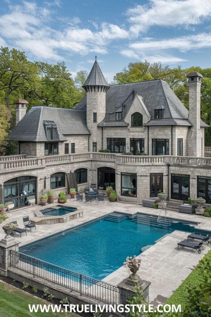 Rear view of a grand stone mansion with a turret, multiple levels, a large swimming pool with lounge chairs, a hot tub, and stone terraces with wrought-iron railings. This castle-like property is an impressive mansion.