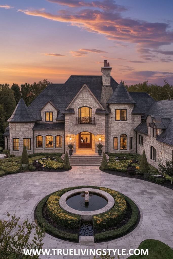 Front view of a stately stone mansion at sunset, featuring a circular driveway with a central fountain, manicured landscaping, and numerous illuminated windows. This elegant property represents a substantial mansion.