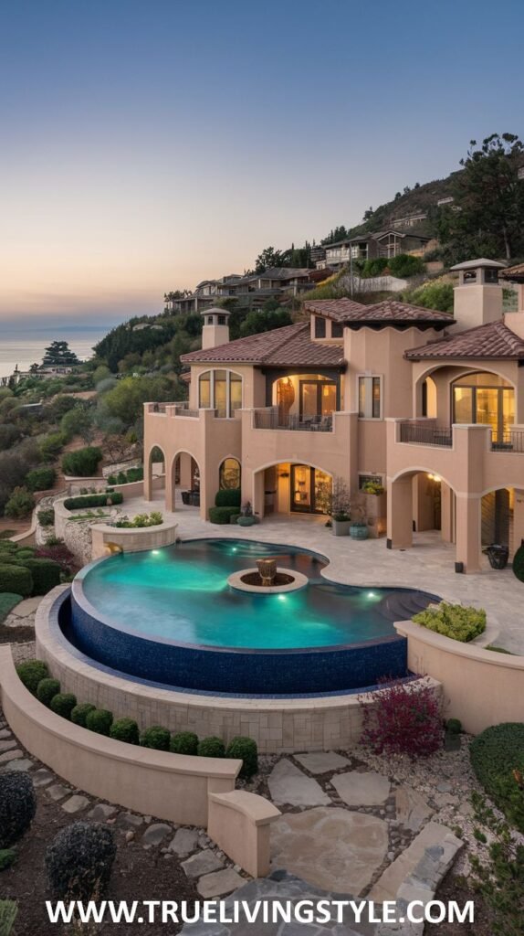 Hillside Mediterranean mansion at dusk, featuring multiple levels, arched balconies, a curved infinity pool with a central fountain, and terraced landscaping overlooking the surrounding area. This luxurious residence is a stunning mansion.