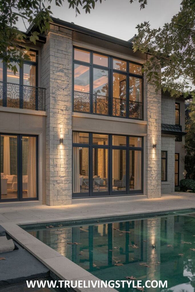 Close-up evening view of a modern mansion with a stone and glass facade, large windows, and an illuminated swimming pool with leaves floating on the surface. The contemporary design and pool area characterize this stylish mansion.