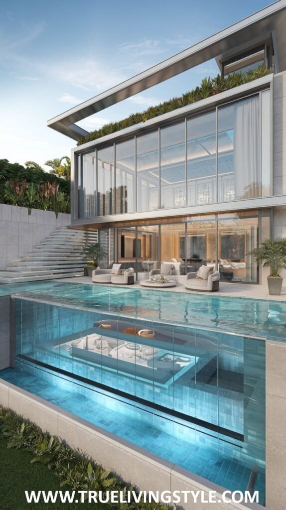 Rendering showcasing a modern mansion with floor-to-ceiling glass walls, a rooftop garden, and a unique pool design where the lower level appears to be submerged with lounge seating and glass walls. This innovative design defines a luxurious mansion.