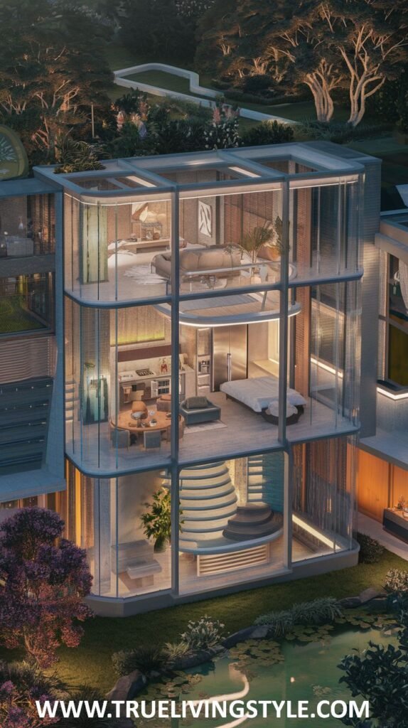 Rendering of a modern, multi-story glass mansion at night, revealing different living spaces on each floor, including a spiral staircase and views of surrounding greenery and a pond. This transparent design showcases a unique and luxurious mansion.