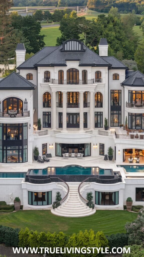 Rear aerial view of an expansive white mansion with a dark roof, multiple wings, numerous balconies, a multi-tiered swimming pool, and meticulously landscaped grounds. This impressive property exemplifies a grand mansion.