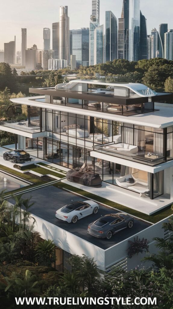 Modern, multi-level mansion with large glass windows and flat roofs, featuring multiple parked luxury cars, balconies with lounge furniture, and a cityscape in the background. This contemporary urban mansion boasts luxurious features.